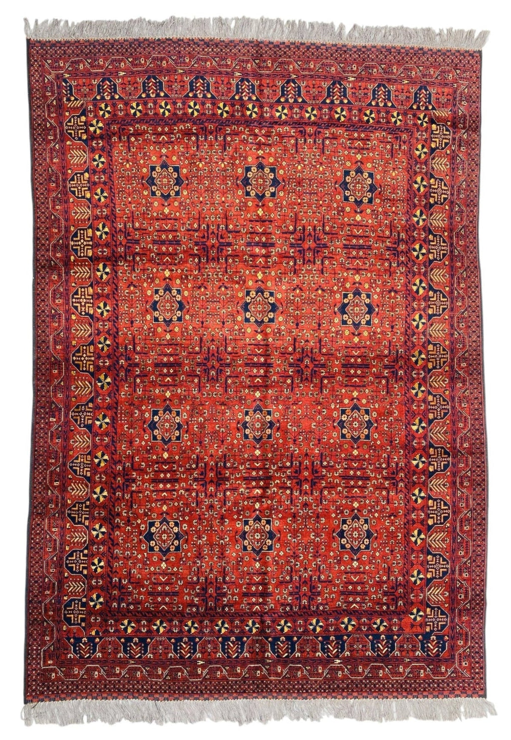 Afghani Bukhara Rug, Hand-knotted Wool, Red & Dark Blue, 6'7" × 9'3" | Tribal Turkmani Design