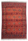 Afghani Bukhara Rug, Hand-knotted Wool, Red & Dark Blue, 6'7" × 9'3"