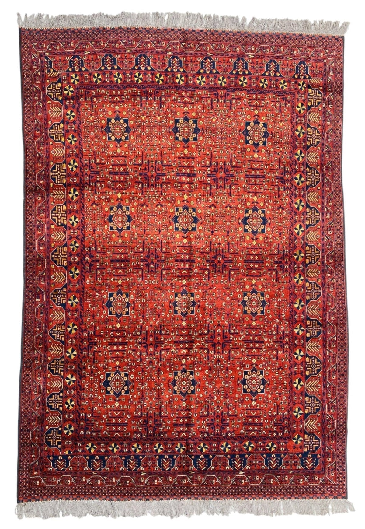 Afghani Bukhara Rug, Hand-knotted Wool, Red & Dark Blue, 6'7" × 9'3"