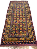 1900s Antique Kurdish Wool on Wool Wide Runner Rug Tribal Geometric Hand Knotted