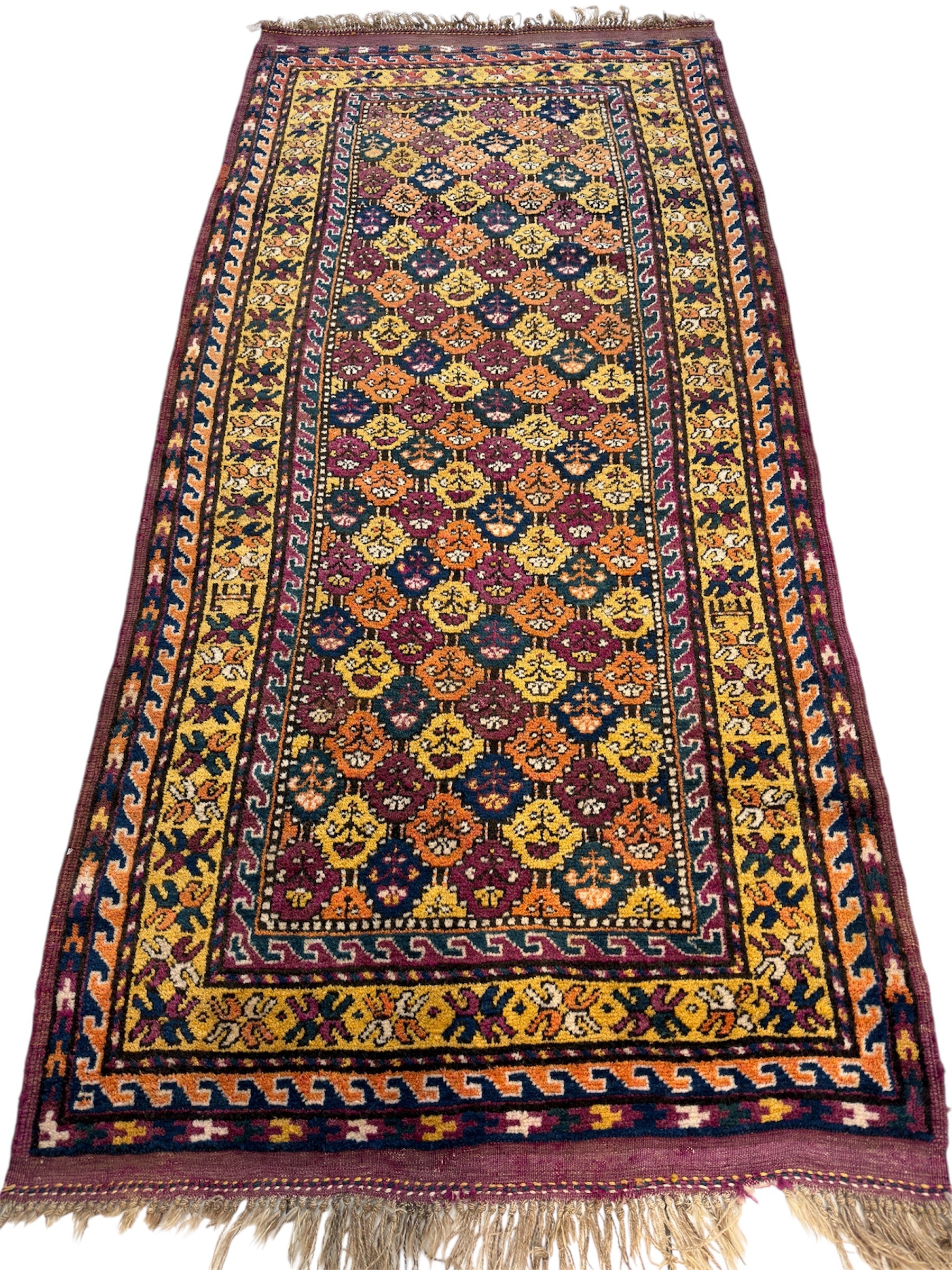 1900s Antique Kurdish Wool on Wool Wide Runner Rug Tribal Geometric Hand Knotted
