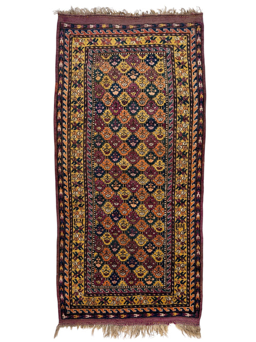 1900s Antique Kurdish Wool on Wool Wide Runner Rug Tribal Geometric Hand Knotted