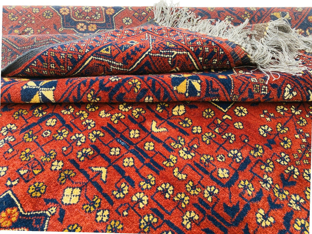 Afghani Bukhara Rug, Hand-knotted Wool, Red & Dark Blue, 6'7" × 9'3" | Tribal Turkmani Design