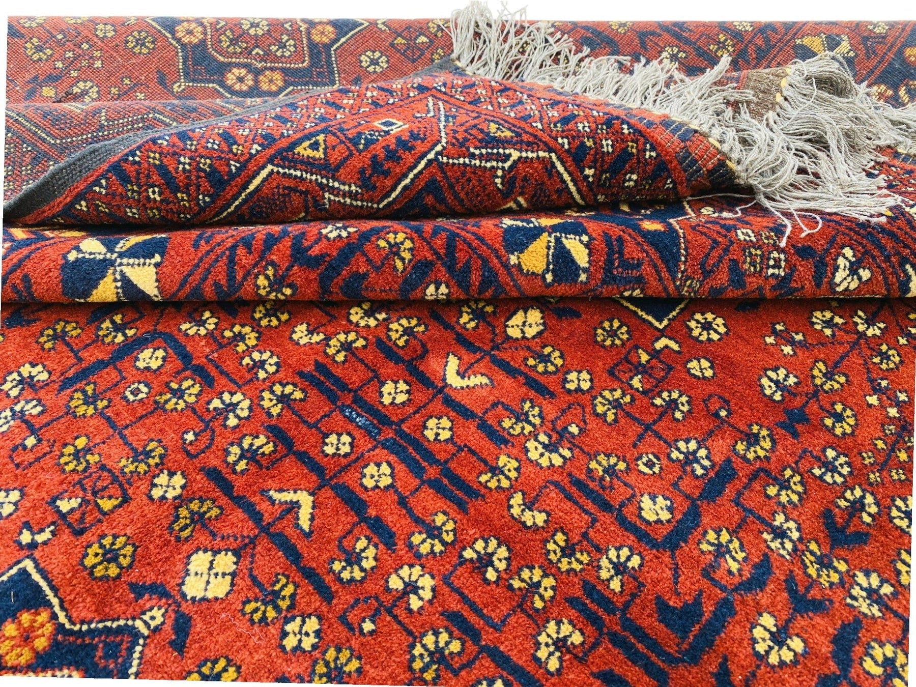 Afghani Bukhara Rug, Hand-knotted Wool, Red & Dark Blue, 6'7" × 9'3" | Tribal Turkmani Design