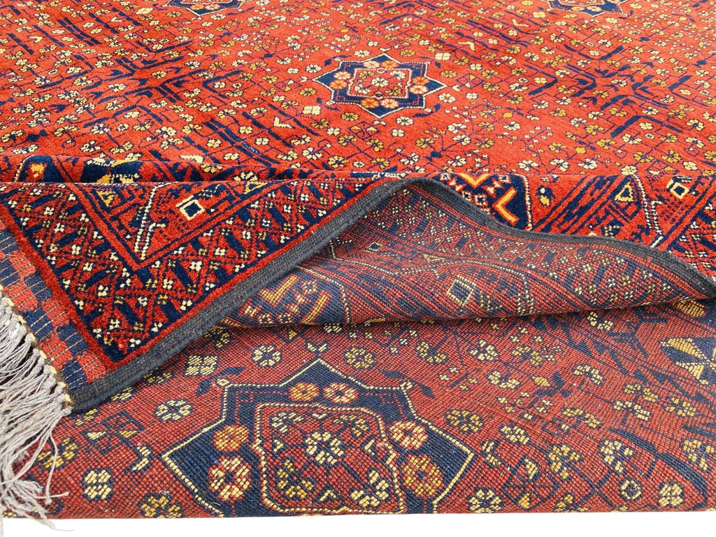 Afghani Bukhara Rug, Hand-knotted Wool, Red & Dark Blue, 6'7" × 9'3" | Tribal Turkmani Design