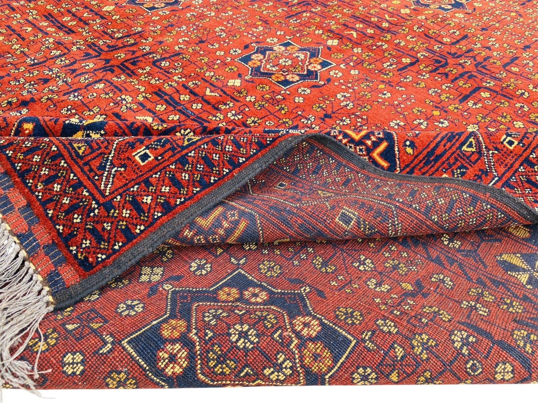 Afghani Bukhara Rug, Hand-knotted Wool, Red & Dark Blue, 6'7" × 9'3" | Tribal Turkmani Design