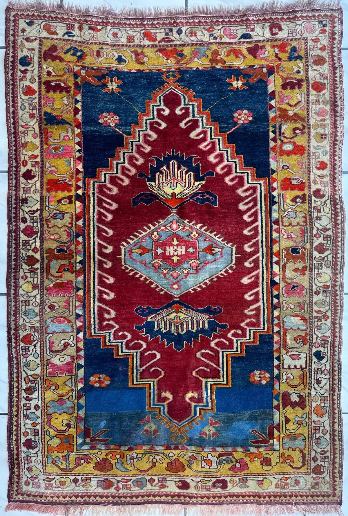 Hand-Knotted Antique Turkish Melas Wool Rug – 4'3" x 5'11" – Vibrant Geometric Motifs