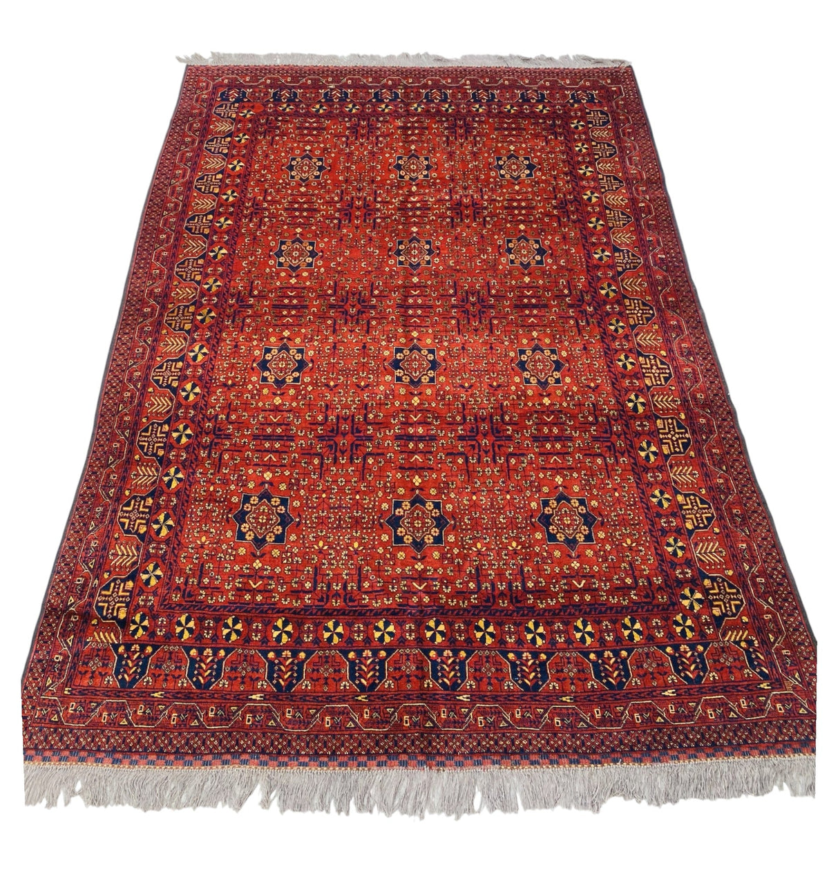 Afghani Bukhara Rug, Hand-knotted Wool, Red & Dark Blue, 6'7" × 9'3" | Tribal Turkmani Design