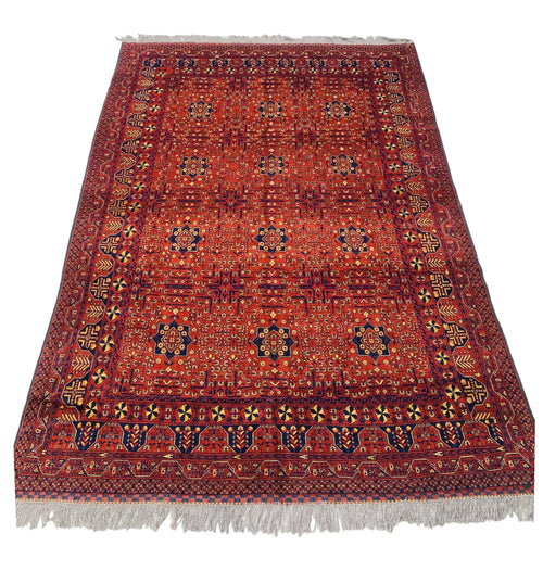 Afghani Bukhara Rug, Hand-knotted Wool, Red & Dark Blue, 6'7" × 9'3" | Tribal Turkmani Design